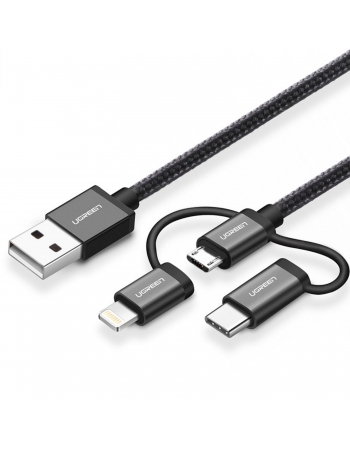 Cabo Adaptador USB-A para Micro USB+USB-C+Lightning Preto com 1 Metro 80326